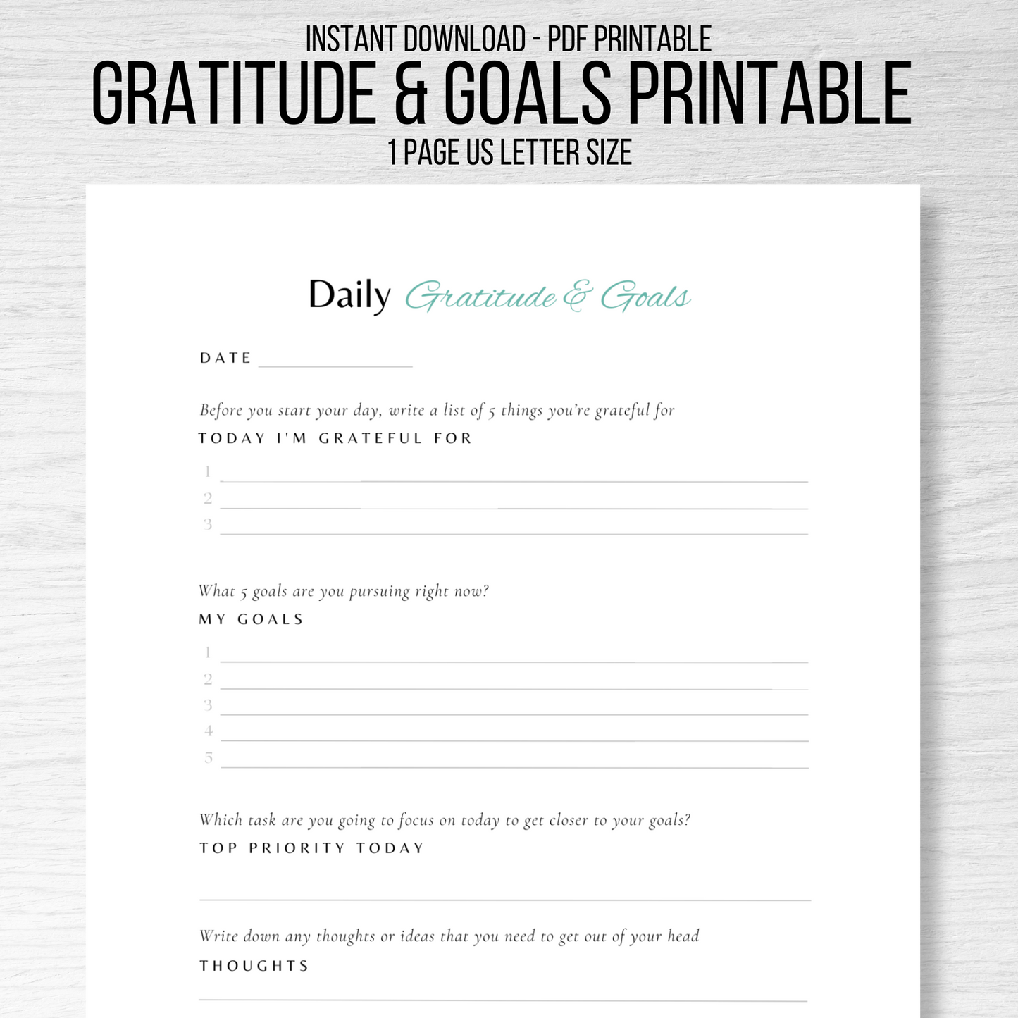 Daily Gratitude & Goals Journal Printable - Editable and Instant Download PDF