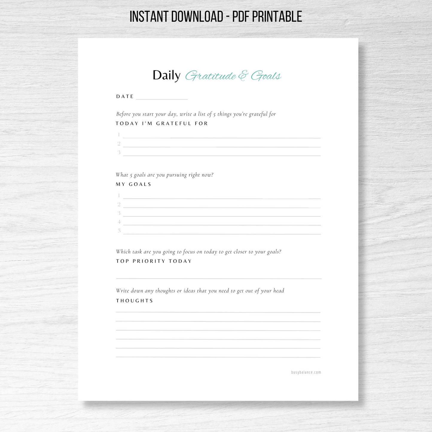 Daily Gratitude & Goals Journal Printable - Editable and Instant Download PDF