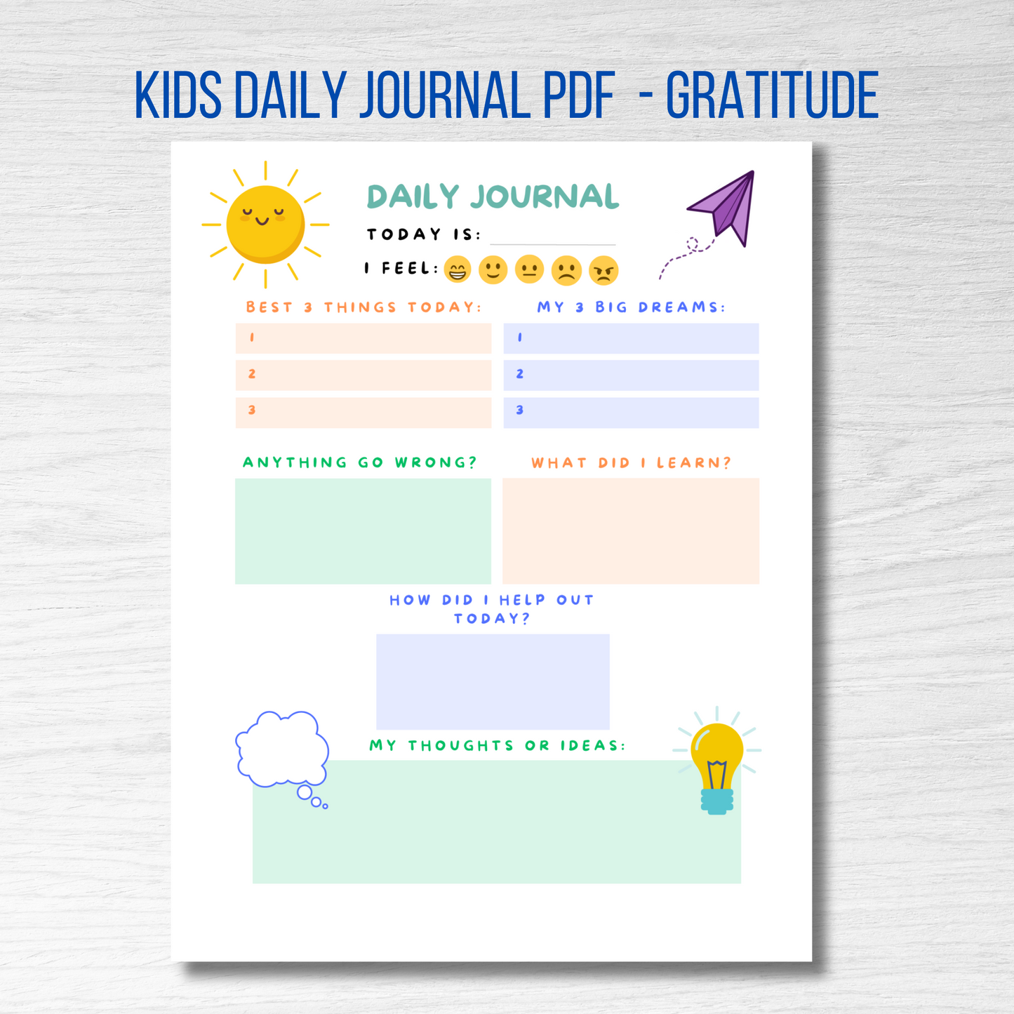 Daily Journal - Gratitude Kids Daily Journal Printable and Editable PDF