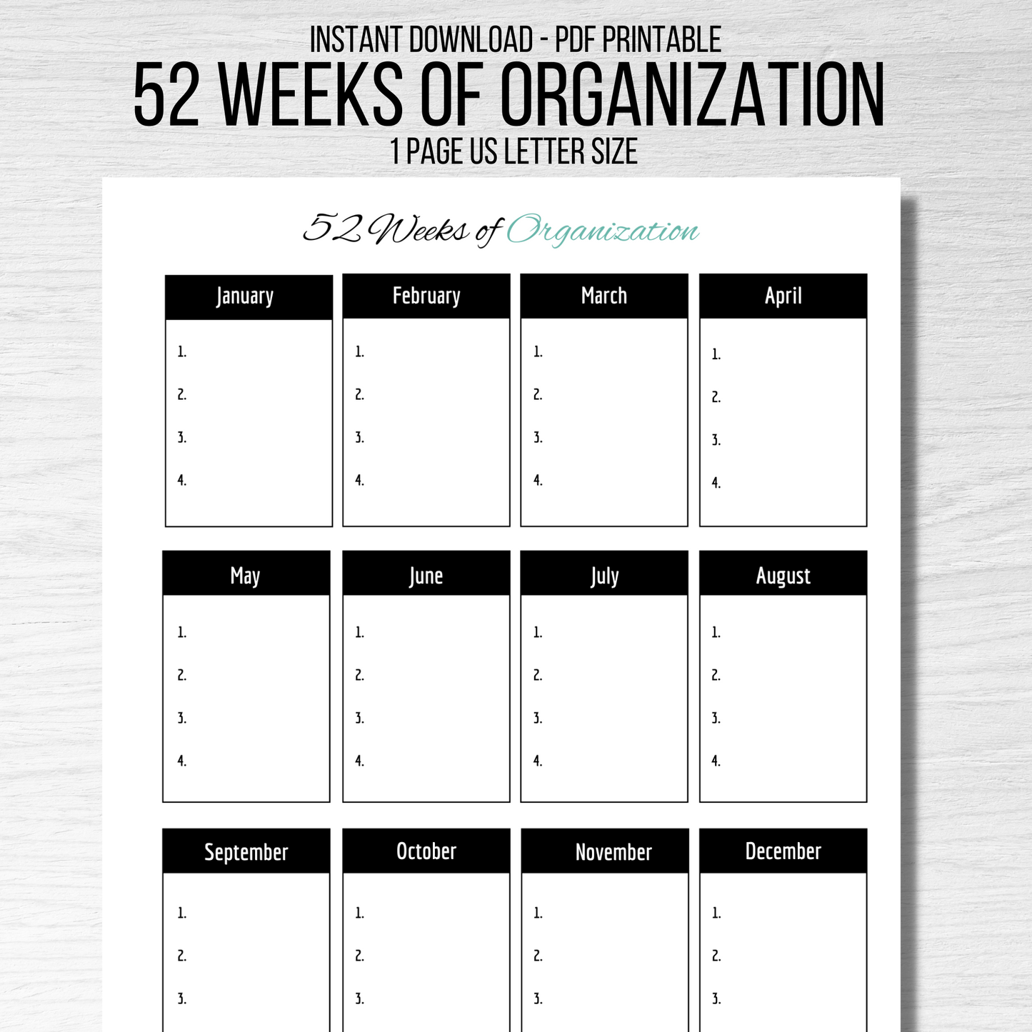 52 Weeks of Organization Printable - Instant Download & Editable PDF
