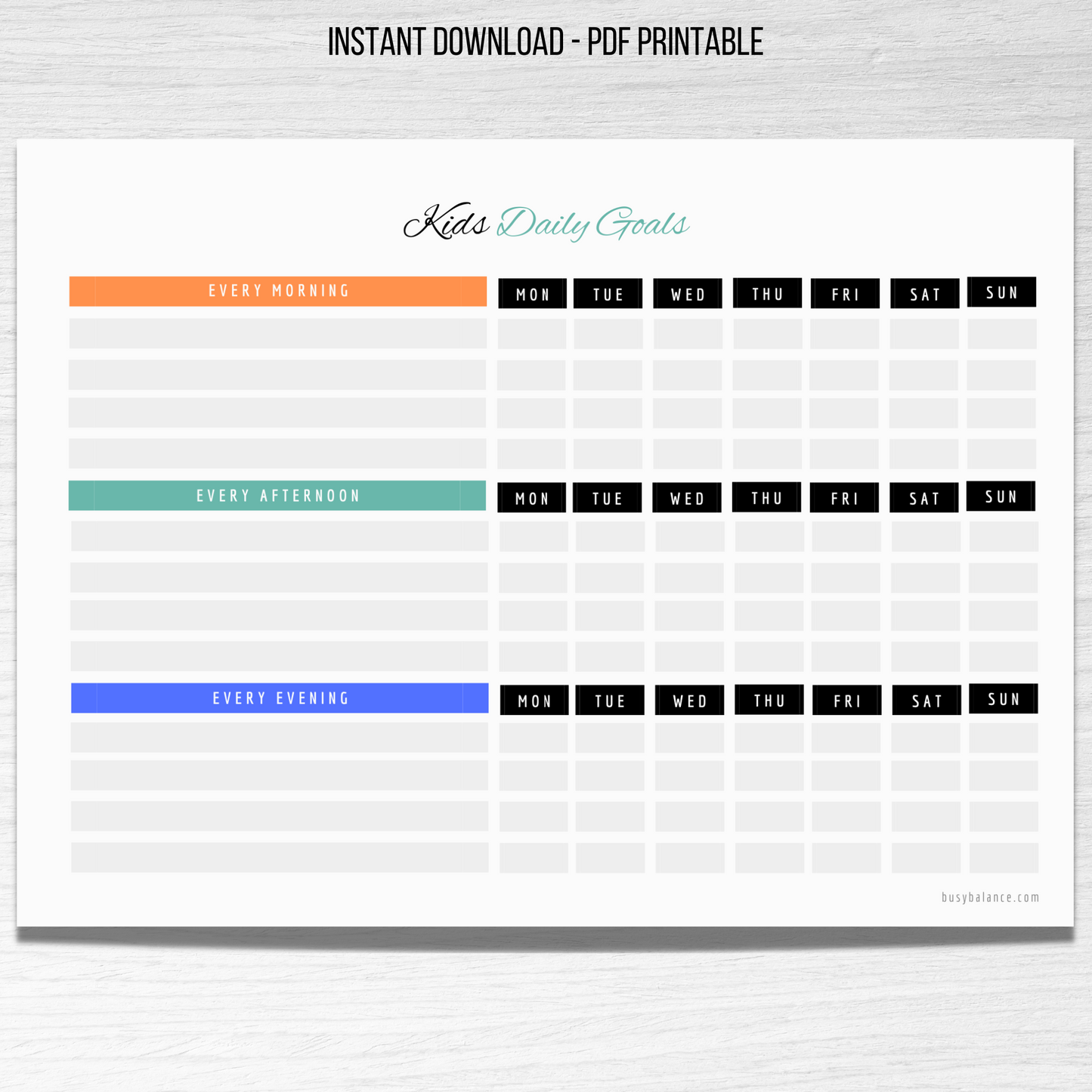 Kids Daily Goals List - Instant Download & Editable PDF