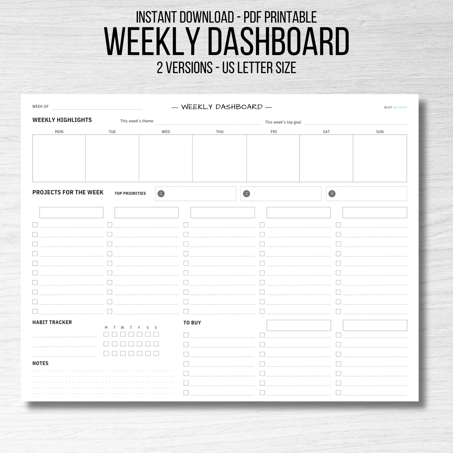 Weekly Dashboard Planner PDF (Digital Download)